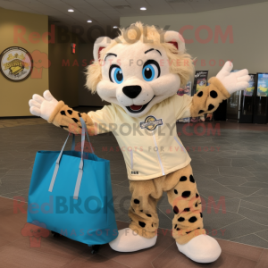 Cream Cheetah mascot costume character dressed with a Windbreaker and Tote bags