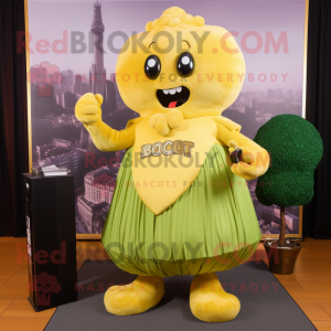 Gold Broccoli mascot costume character dressed with a Ball Gown and Briefcases