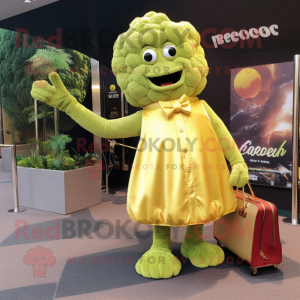Gold Broccoli mascot costume character dressed with a Ball Gown and Briefcases