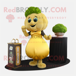 Gold Broccoli mascot costume character dressed with a Ball Gown and Briefcases