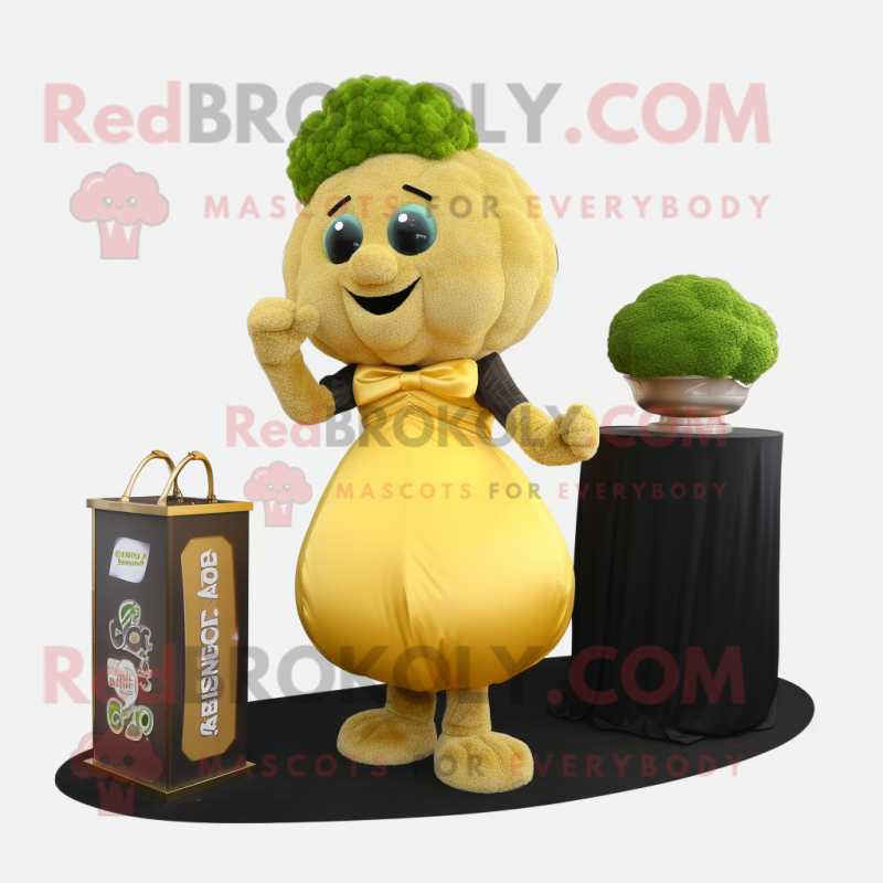 Gold Broccoli mascot costume character dressed with a Ball Gown and Briefcases Gold Broccoli mascot costume character dressed with a Ball Gown and Briefcases