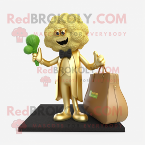 Gold Broccoli mascot costume character dressed with a Ball Gown and Briefcases