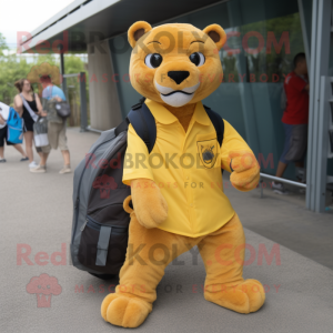 Yellow Jaguarundi mascot costume character dressed with a Cargo Pants and Messenger bags