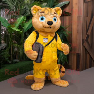 Yellow Jaguarundi mascot costume character dressed with a Cargo Pants and Messenger bags