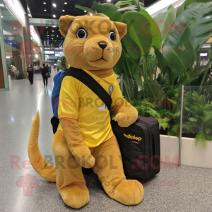 Yellow Jaguarundi mascot costume character dressed with a Cargo Pants and Messenger bags