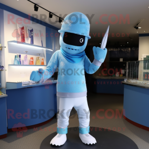 Cyan Knife Thrower mascot costume character dressed with a Sweater and Hats