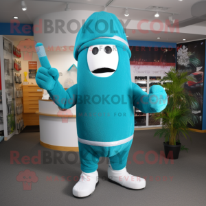 Cyan Knife Thrower mascot costume character dressed with a Sweater and Hats