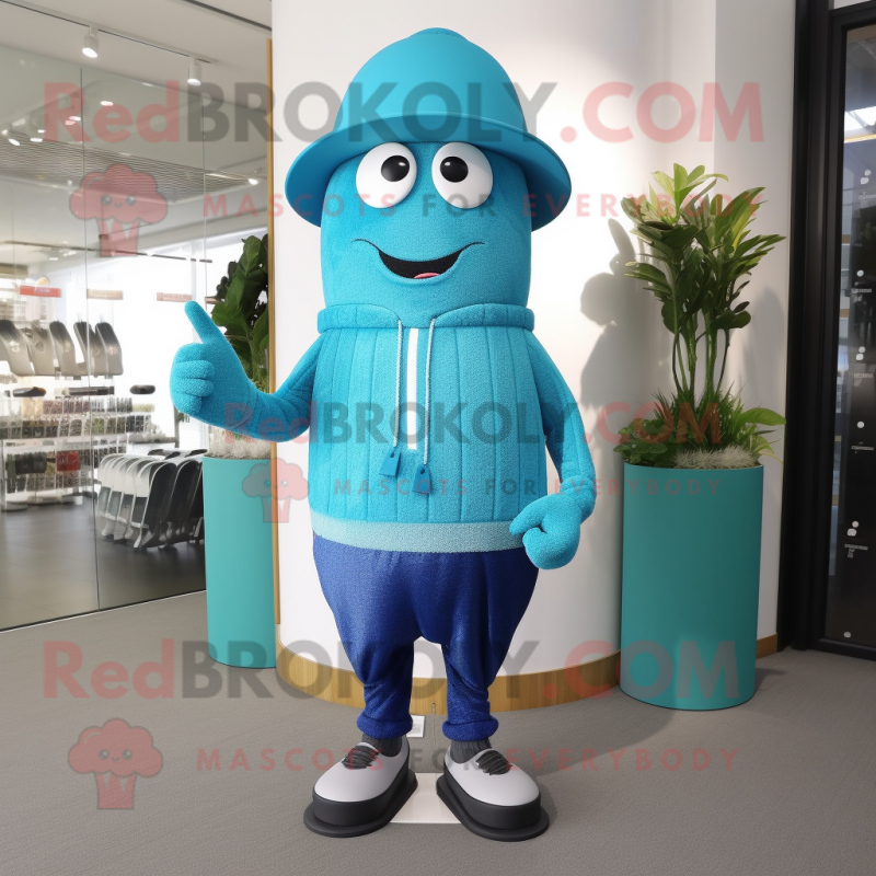 Cyan Knife Thrower mascot costume character dressed with a Sweater and Hats