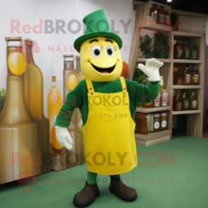 Green Bottle Of Mustard mascot costume character dressed with a Overalls and Suspenders