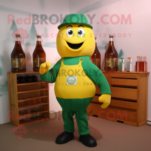 Green Bottle Of Mustard mascot costume character dressed with a Overalls and Suspenders
