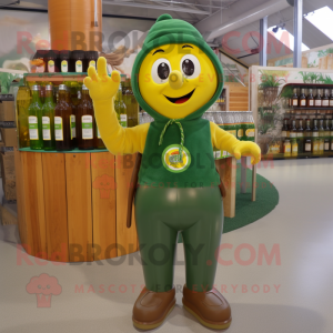 Green Bottle Of Mustard mascot costume character dressed with a Overalls and Suspenders