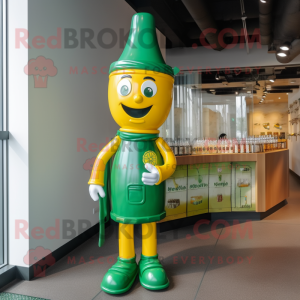 Green Bottle Of Mustard mascot costume character dressed with a Overalls and Suspenders