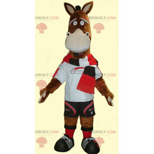 Mascot brown donkey foal very funny in sportswear -
