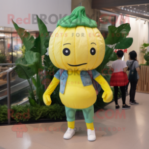 Lemon Yellow Cabbage mascot costume character dressed with a Skinny Jeans and Caps