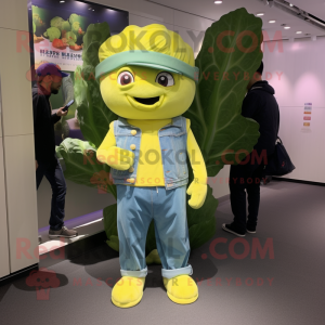 Lemon Yellow Cabbage mascot costume character dressed with a Skinny Jeans and Caps