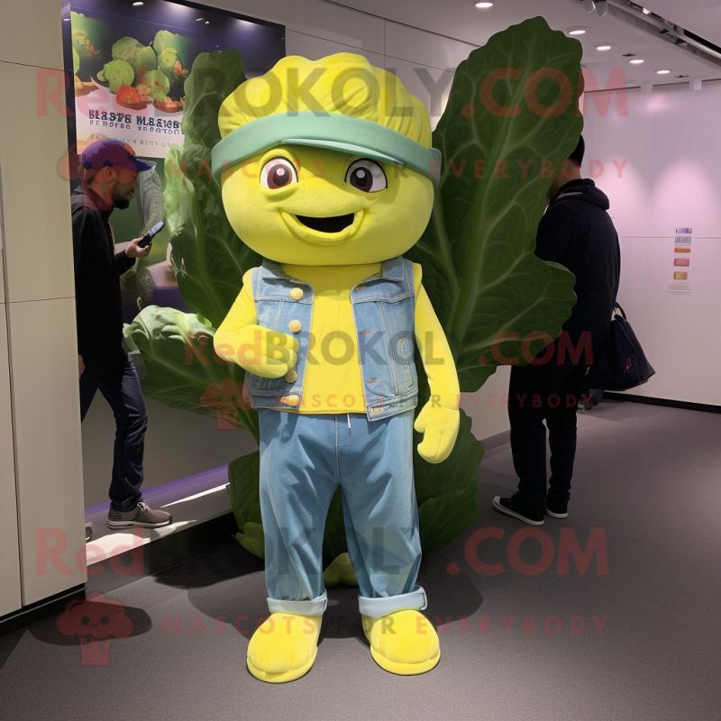 Lemon Yellow Cabbage mascot costume character dressed with a Skinny Jeans and Caps Lemon Yellow Cabbage mascot costume character dressed with a Skinny Jeans and Caps