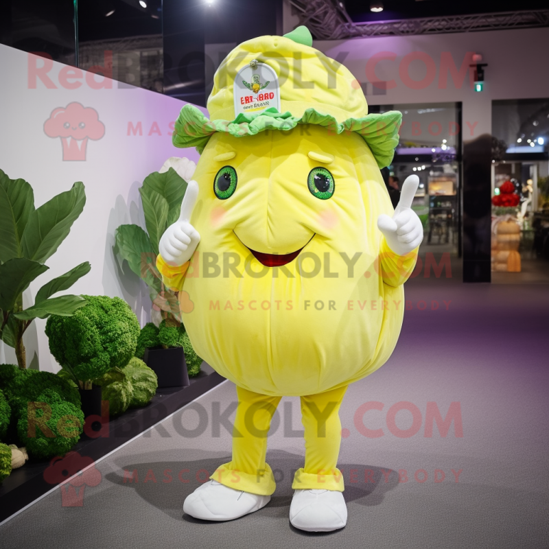 Lemon Yellow Cabbage mascot costume character dressed with a Skinny Jeans and Caps Lemon Yellow Cabbage mascot costume character dressed with a Skinny Jeans and Caps