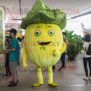 Lemon Yellow Cabbage mascot costume character dressed with a Skinny Jeans and Caps