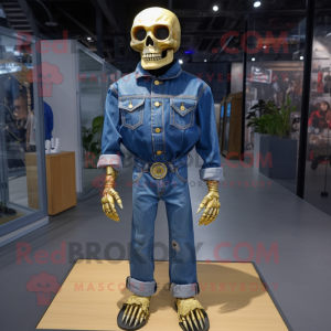 Gold Skull mascot costume character dressed with a Denim Shirt and Foot pads