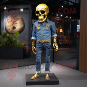 Gold Skull mascot costume character dressed with a Denim Shirt and Foot pads