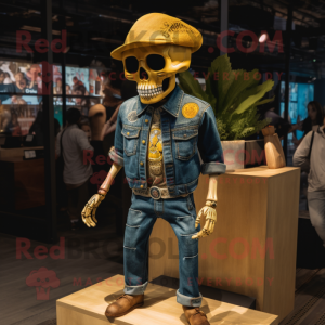Gold Skull mascot costume character dressed with a Denim Shirt and Foot pads