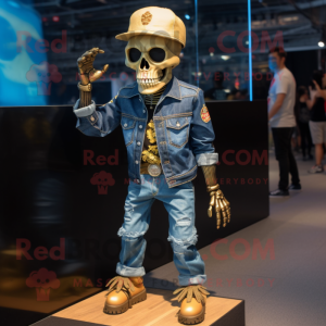 Gold Skull mascot costume character dressed with a Denim Shirt and Foot pads