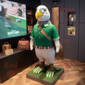 Forest Green Pigeon mascot costume character dressed with a Rugby Shirt and Pocket squares