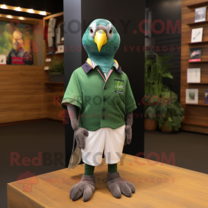 Forest Green Pigeon mascot costume character dressed with a Rugby Shirt and Pocket squares