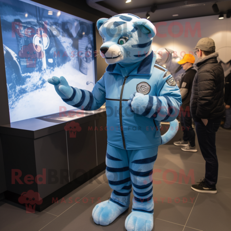 Blue Tiger mascot costume character dressed with a Parka and Watches Blue Tiger mascot costume character dressed with a Parka and Watches