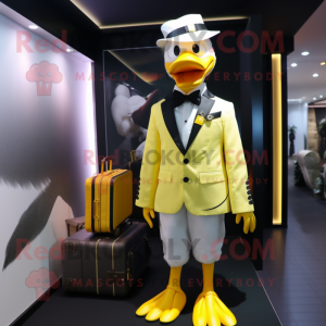 Yellow Goose mascot costume character dressed with a Tuxedo and Backpacks