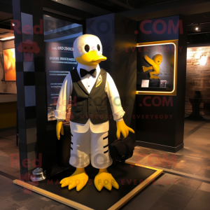 Yellow Goose mascot costume character dressed with a Tuxedo and Backpacks