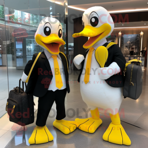 Yellow Goose mascot costume character dressed with a Tuxedo and Backpacks