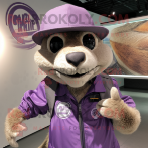 Lavender Mongoose mascot costume character dressed with a Moto Jacket and Hat pins