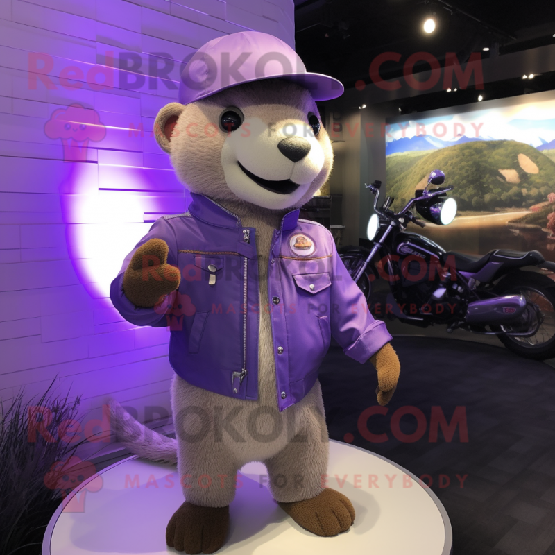 Lavender Mongoose mascot costume character dressed with a Moto Jacket and Hat pins