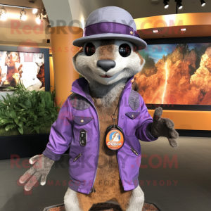 Lavender Mongoose mascot costume character dressed with a Moto Jacket and Hat pins