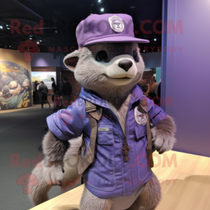 Lavender Mongoose mascot costume character dressed with a Moto Jacket and Hat pins