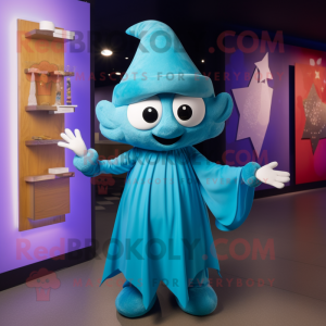 Cyan Magician mascot costume character dressed with a Wrap Skirt and Headbands