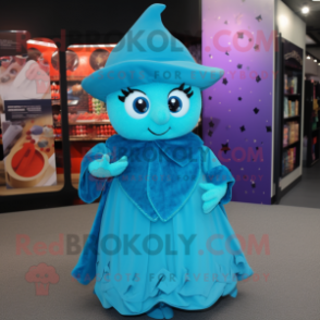 Cyan Magician mascot costume character dressed with a Wrap Skirt and Headbands