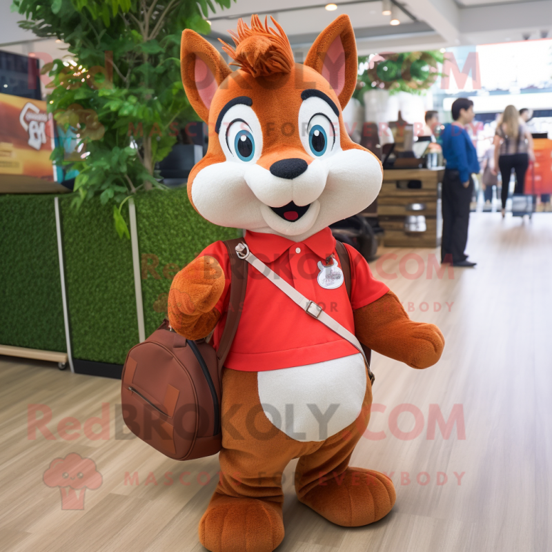 Red Squirrel mascot costume character dressed with a Polo Tee and Tote bags