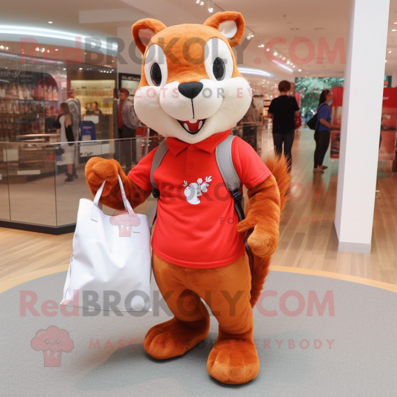 Red Squirrel mascot costume character dressed with a Polo Tee and Tote bags