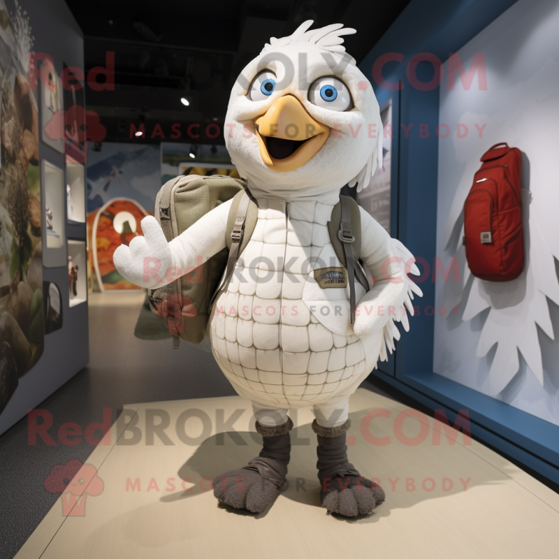 White Turkey mascot costume character dressed with a Trousers and Backpacks