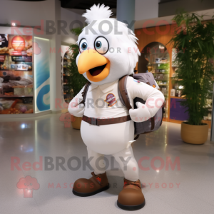 White Turkey mascot costume character dressed with a Trousers and Backpacks
