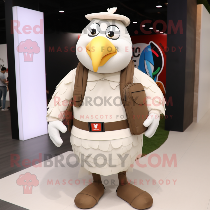 White Turkey mascot costume character dressed with a Trousers and Backpacks White Turkey mascot costume character dressed with a Trousers and Backpacks