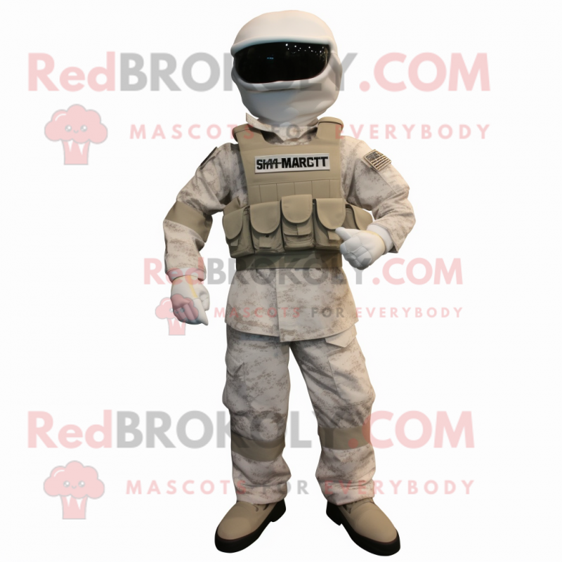 White Marine Recon mascot costume character dressed with a Suit and Shoe laces