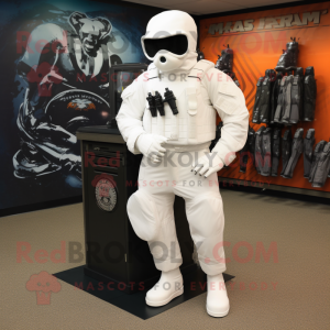 White Marine Recon mascot costume character dressed with a Suit and Shoe laces