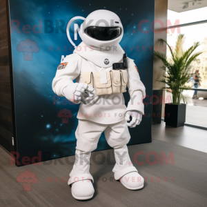 White Marine Recon mascot costume character dressed with a Suit and Shoe laces