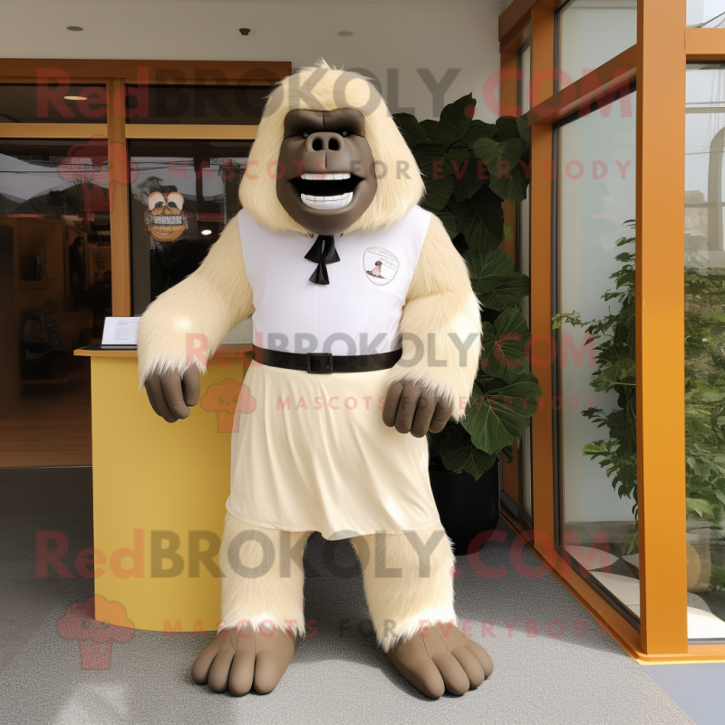 Cream Gorilla mascot costume character dressed with a Pleated Skirt and Tie pins Cream Gorilla mascot costume character dressed with a Pleated Skirt and Tie pins