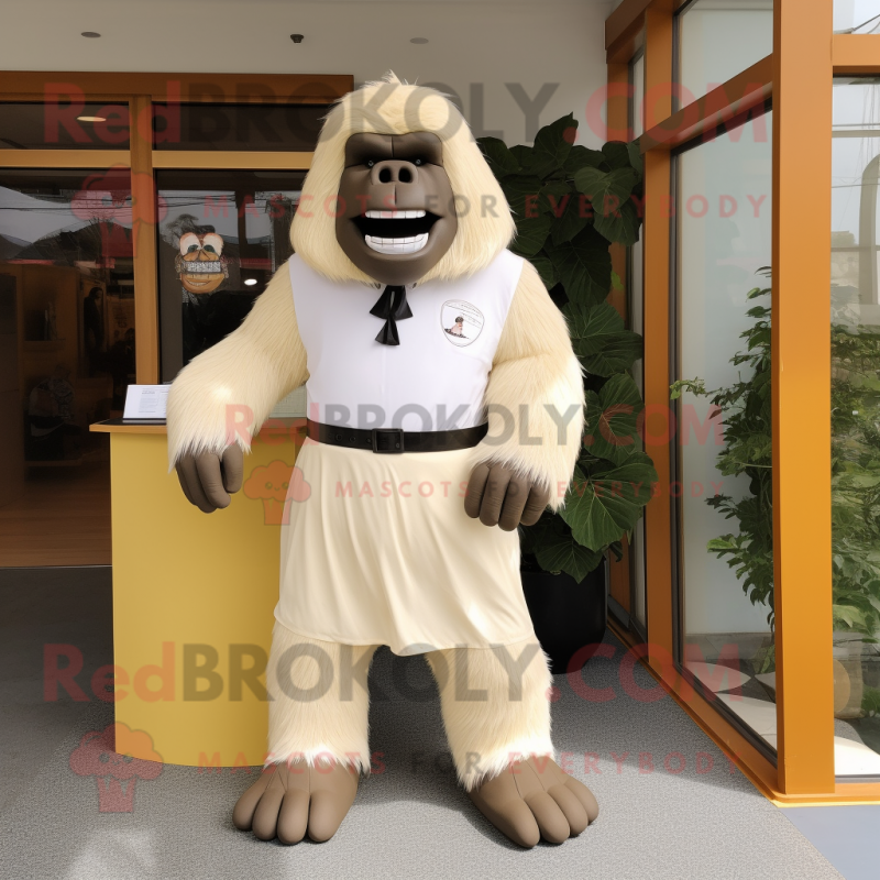 Cream Gorilla mascot costume character dressed with a Pleated Skirt and Tie pins