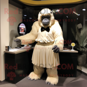 Cream Gorilla mascot costume character dressed with a Pleated Skirt and Tie pins
