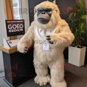 Cream Gorilla mascot costume character dressed with a Pleated Skirt and Tie pins